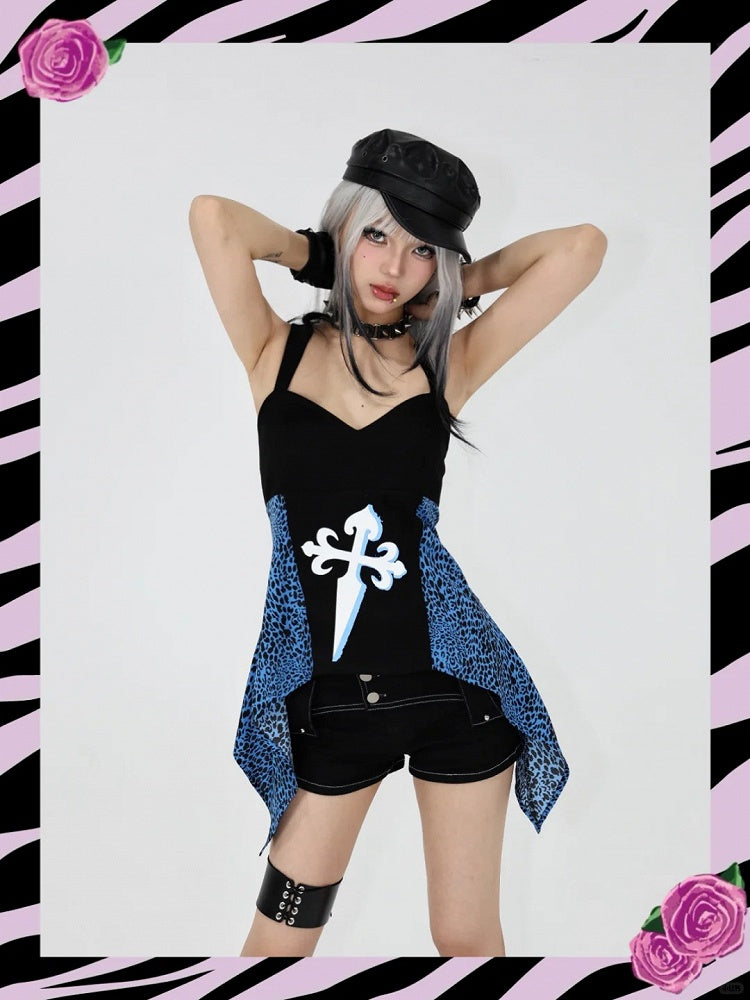 Trägerloses Top Schwarz Glamorous Gyaru Blaue Leoparden Patches Y2K