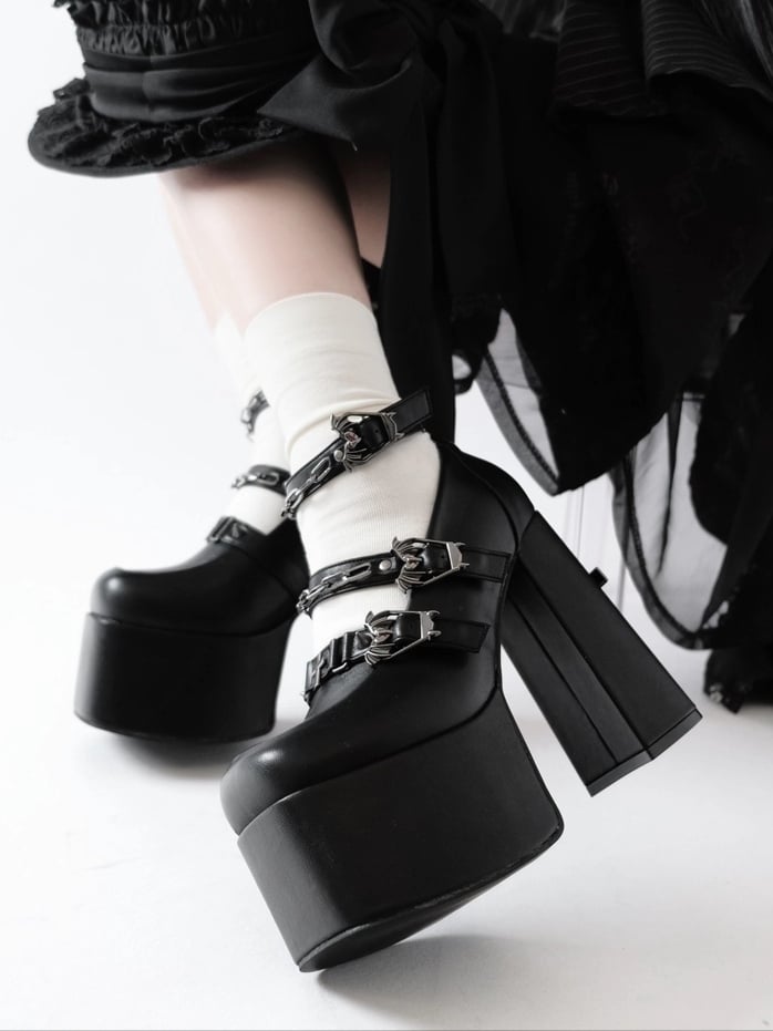 Toe Black Closure Mary Punk Heel with Ornate Coffin - Matte Square Bat Janes Motif Chunky Cross
