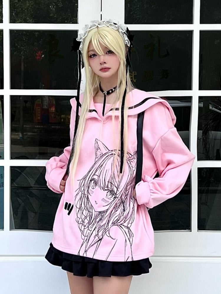 Ribbon and Girl Print Jirai Sweatshirt with Back Black/Pink Collar Bow Sailor - Kei Manga Style