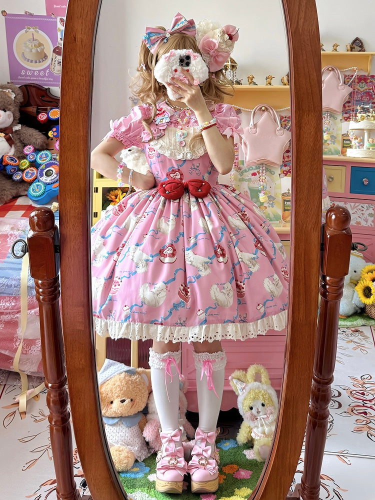 Kitty Cake Fashion Kleid Sweet and Showa Pink Lolita Print Cherry