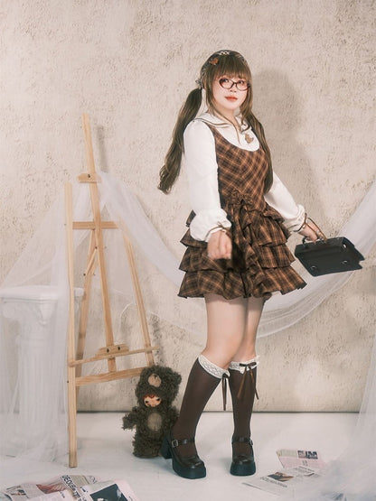 Detachable Preppy with Plaid Dress Plus Roses Brown Size Sailor Tiered Collar