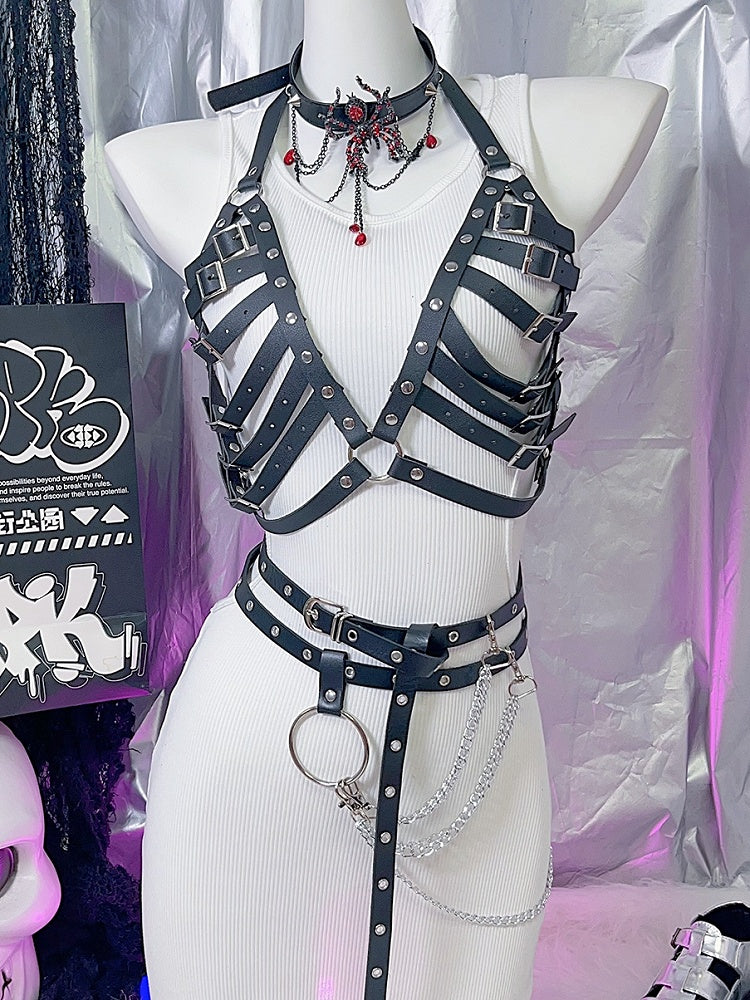 Y2K Schwarzer PU-Gürtel Details Nieten Brust