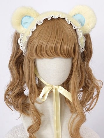 Lolita Hairband with Plush Bear Ears in Blue and Yellow, Lace Detail - Vcastle
