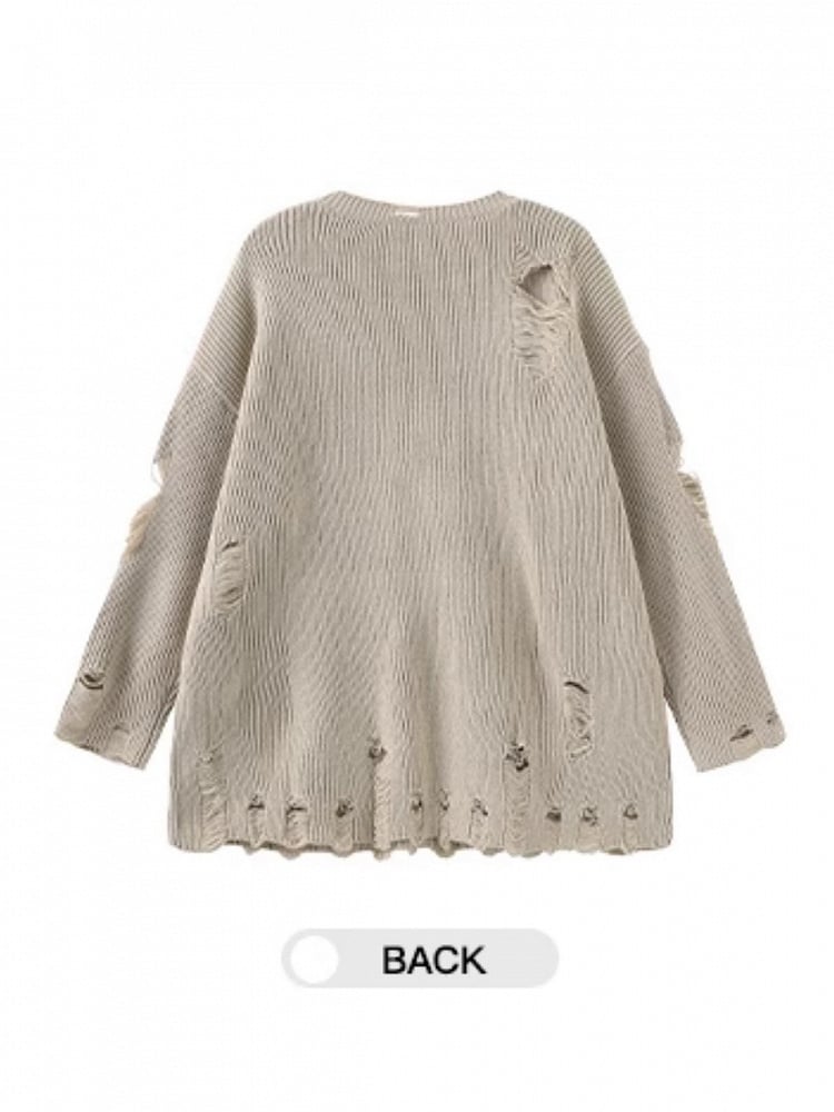 Khaki Fit with Distressed Girl Holes Print Top Relaxed Knit Anime