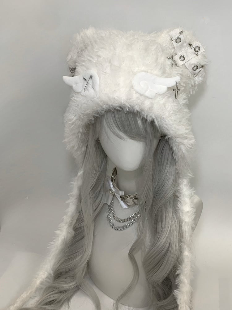 White Angel Wings Cross and Pins Cat Ear Plush Hat