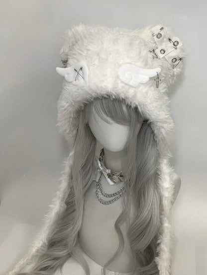 White Angel Wings Cross and Pins Cat Ear Plush Hat