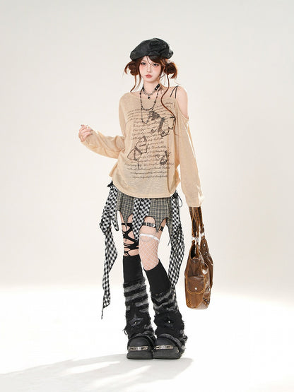 Butterfly Print Asymmetrical Neckline Khaki/White Coverup Semi-sheer