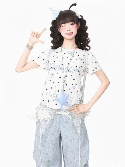 White Daily Kawaii Star Print Crew Neck Short Sleeve T-Shirt with 3D Star Decoration - Languid Park