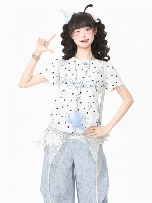 White Daily Kawaii Star Print Crew Neck Short Sleeve T-Shirt with 3D Star Decoration - Languid Park