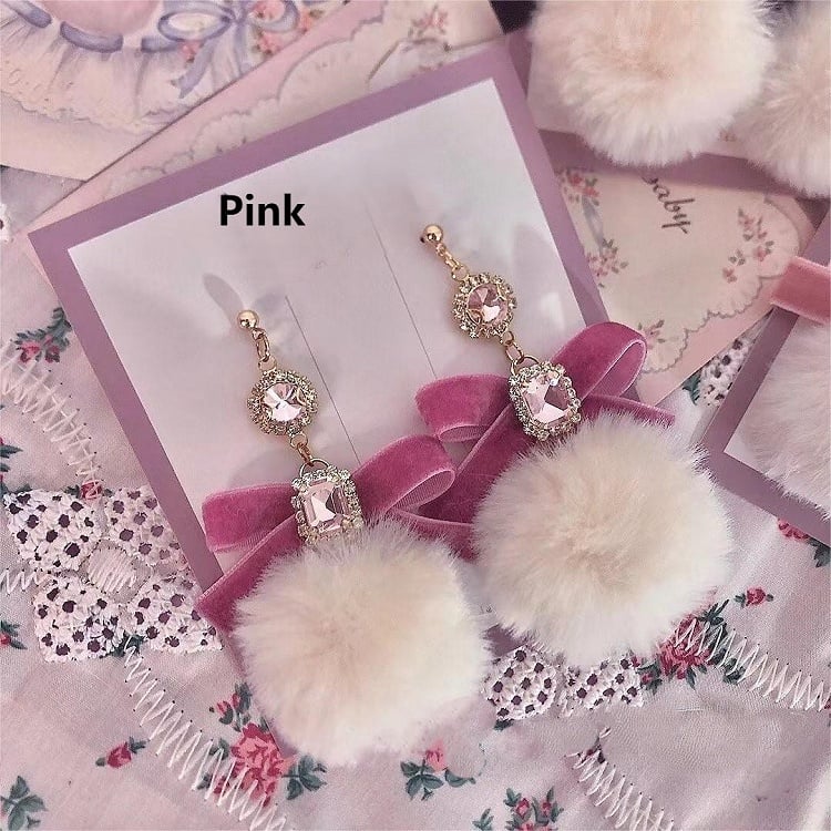 Colors Decorated Bow 3 Pompom Earrings