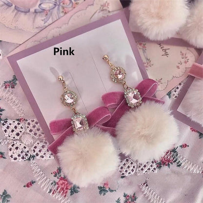 Colors Decorated Bow 3 Pompom Earrings