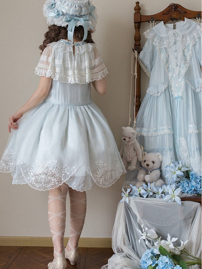Blue Flutter Sleeve Lolita Dress with Bows and Scallop Trim