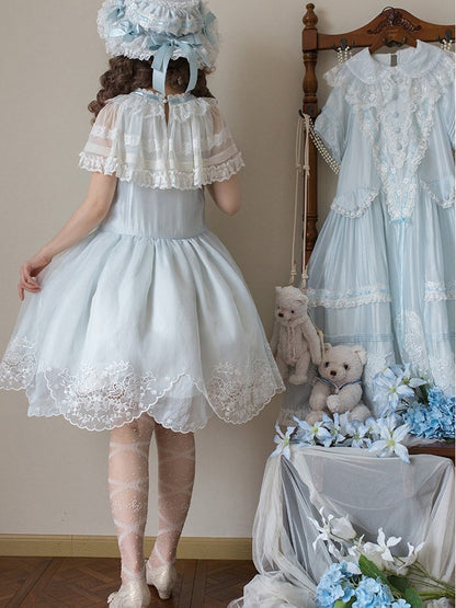 Blue Flutter Sleeve Lolita Dress with Bows and Scallop Trim