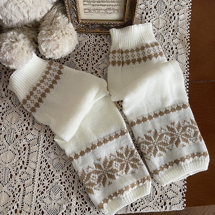 Warmers Leg Brown Beige Snowflake Warm Pattern