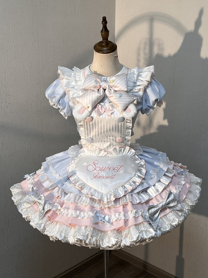 Kleid mit Hasenmotiv und blauen Ärmeln, Dienstmädchen-Puffärmel, süßes Lolita-Rosa
