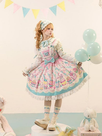 Blue Prints with and Sleeves JSK Trim Dress Flutter Pink Lolita Lace Sweet Cupcake