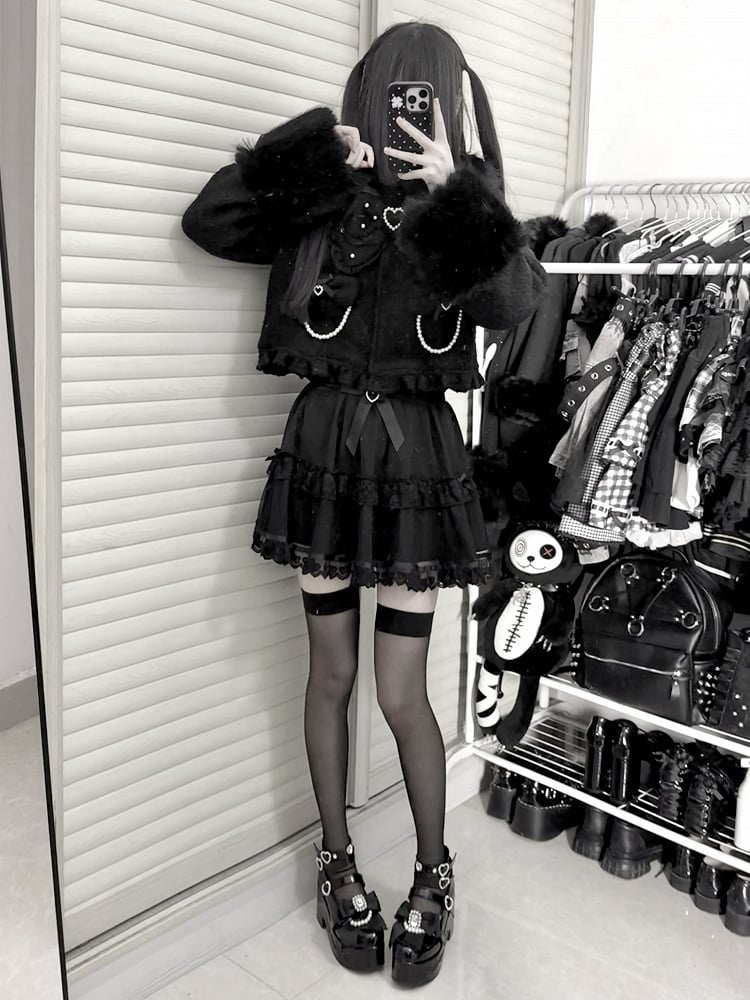 Bow Decor Black Jirai Beaded with Short Fuzzy Kei Chain Coat