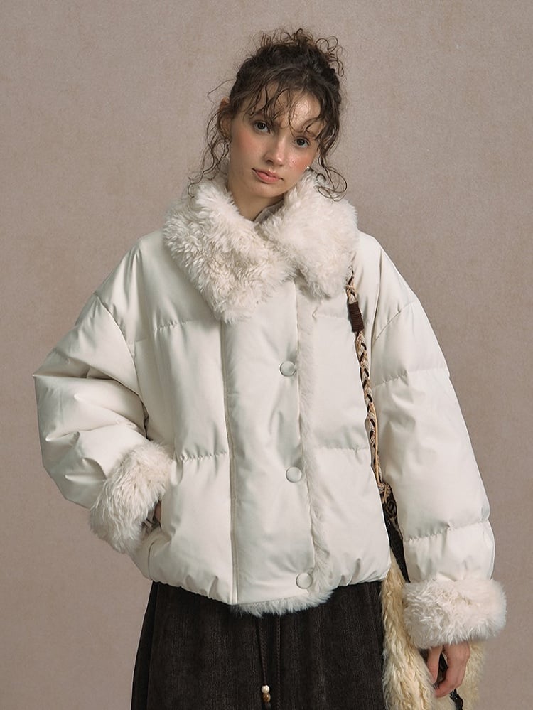 Beige/Brown Short Puffer Jacket with Faux Fur Trim and White Duck Down Filling