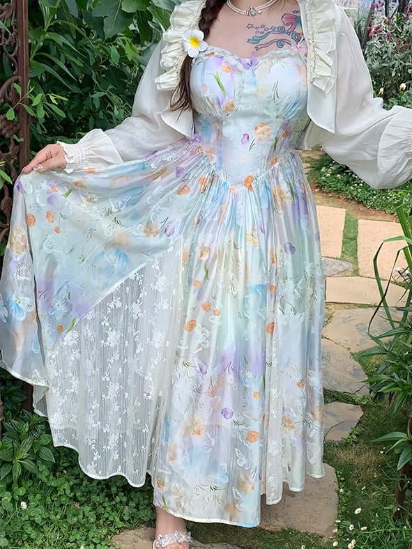 Urlaub Plus Größe Cami Kleid Spitze Patches Saum Ölgemälde Druck Weiß