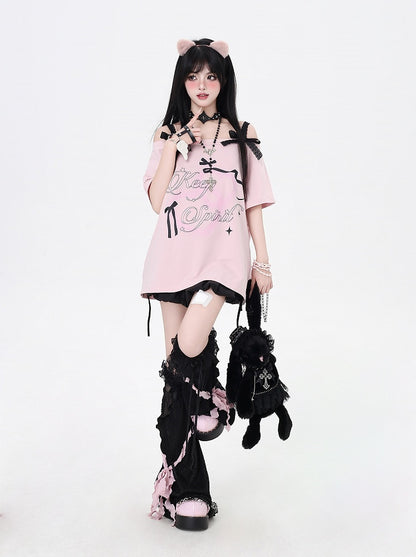 Pink Graphic T-Shirt Off-the-Shoulder Neckline with Lace Bows