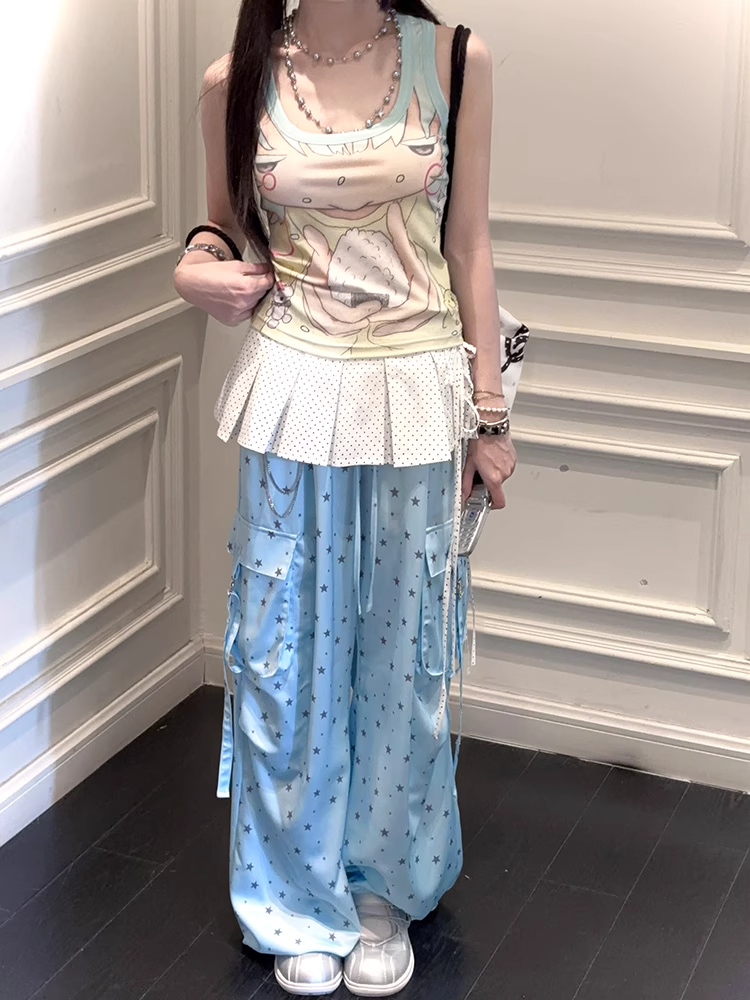 Allover Waist Blue Wide-leg Cargo Pants Star Print Drawstring
