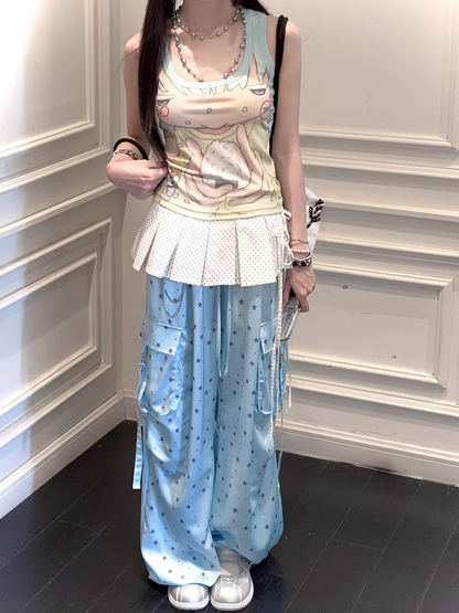 Allover Waist Blue Wide-leg Cargo Pants Star Print Drawstring