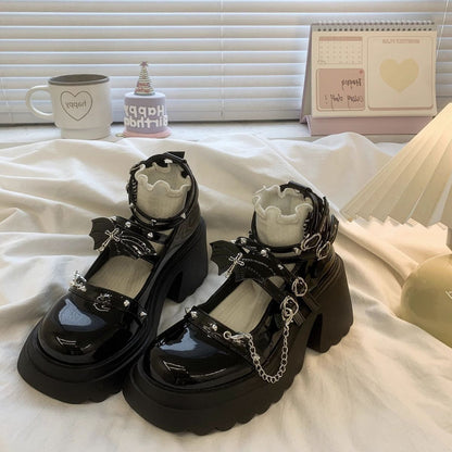 Dark Bat Y2K Punk Block-Heel Mary Jane Shoes – Gyaru Lolita Subculture Style