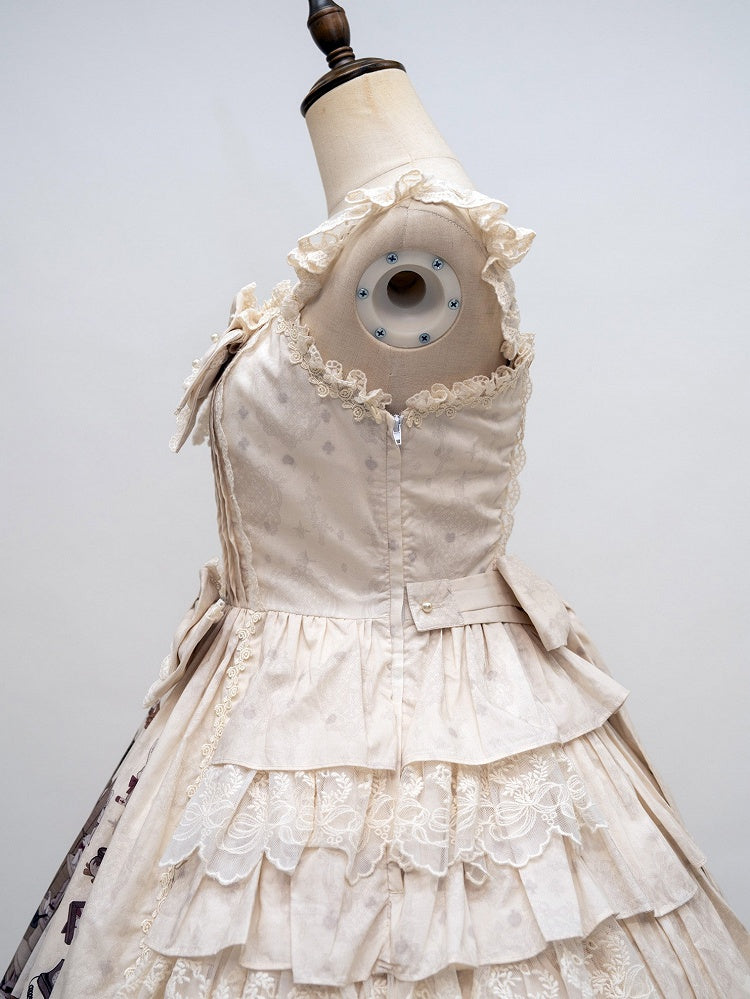 Beige Brown Bunny Print Ruffle Sweet Lolita Jumper Skirt with Bows - NnSTAR