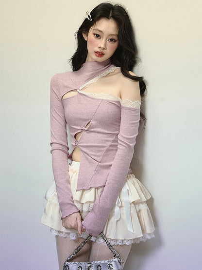 Purple Cutout Shoulder Mock Neck Top with Asymmetrical Hem