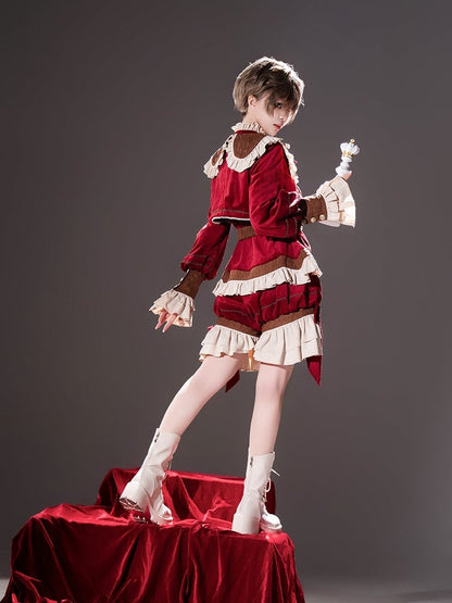 Pieces Set-Beige Ouji Aristocrat Lolita Waist Fashion Red Shirt+Coat+High Christmas Three Shorts
