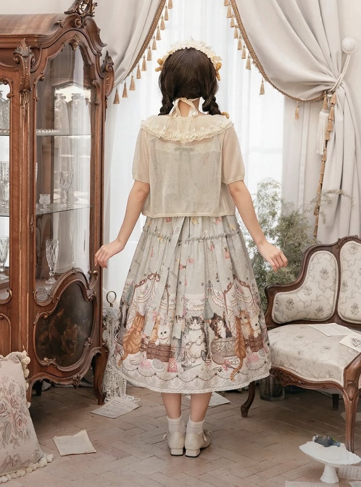 Green Cat Print High Waist Sweet Lolita Jumper Skirt - NyaNya