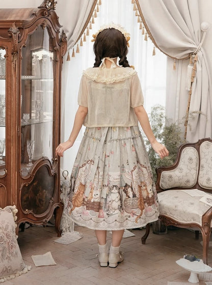 Green Cat Print High Waist Sweet Lolita Jumper Skirt - NyaNya