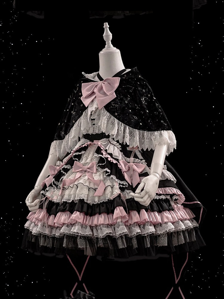 Schwarz-Rosa Süßes Hexenkleid mit hoher Taille, Lolita-Pulloverrock, komplettes Set