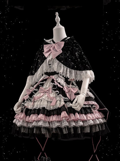 Schwarz-Rosa Süßes Hexenkleid mit hoher Taille, Lolita-Pulloverrock, komplettes Set