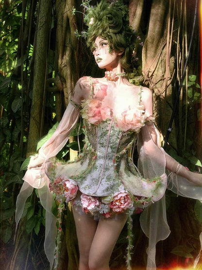 Tulle Goth Fairy Pink and Overlay Floral Green Corset Boned Forest + Petticoat Sleeves