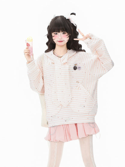 Adorable Puppy with Hoodie Blue/Pink Accents and Print Badge Striped