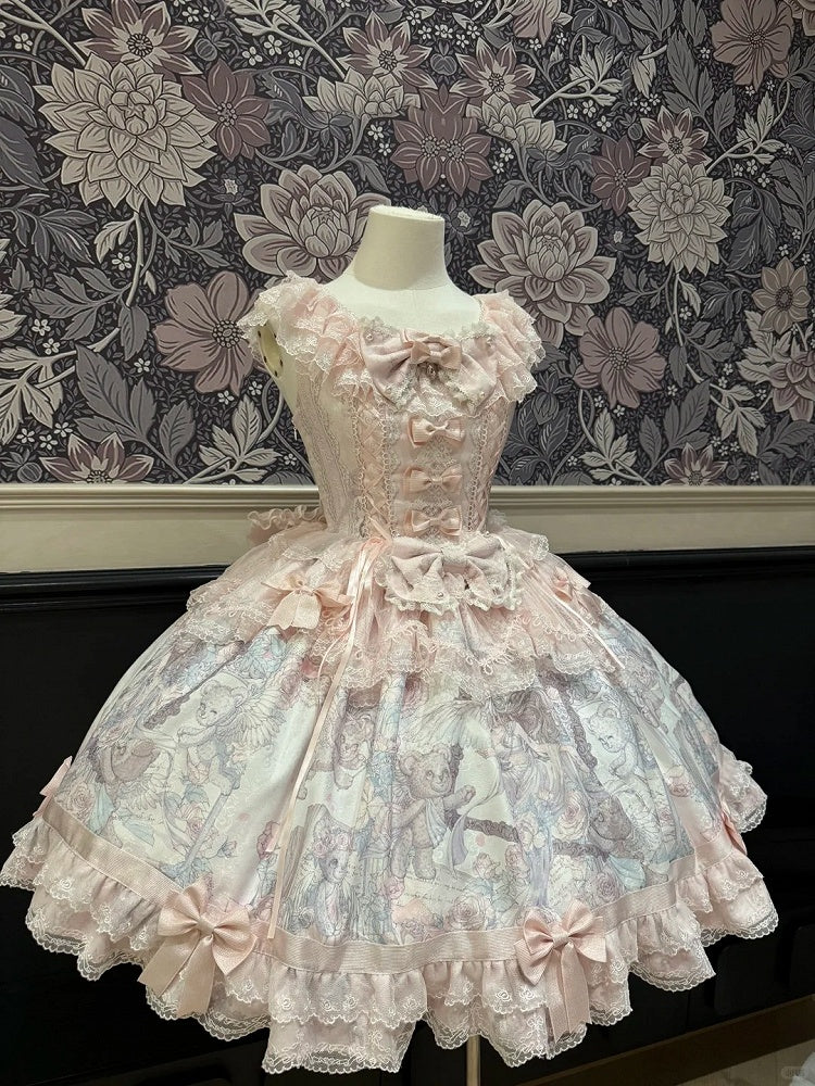 Sweet Pink Bowknot Hem Bear JSK Angel Dress with Decorated Print Lolita