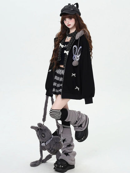 Schwarz/Rosa Kapuzenjacke mit Hasen-Katzenohren-Design