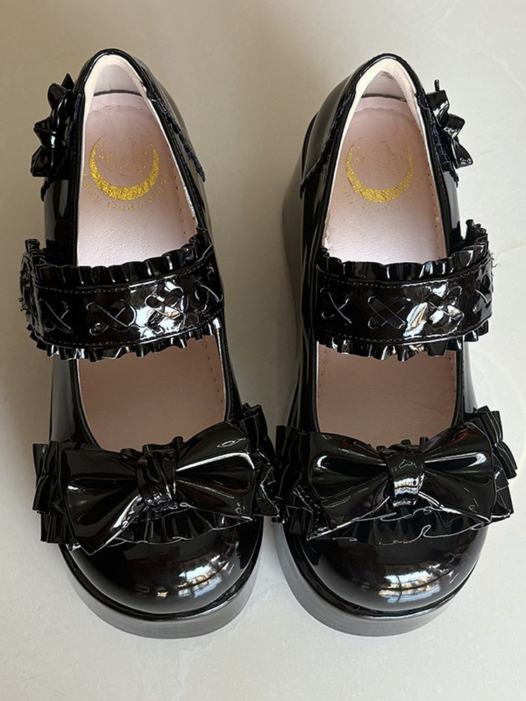 Bow-Topped Monochrome Platform Lolita Round Toe Shoes with Cross Accent - Fairy Godmother