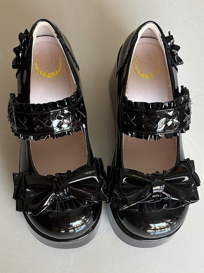 Bow-Topped Monochrome Platform Lolita Round Toe Shoes with Cross Accent - Fairy Godmother