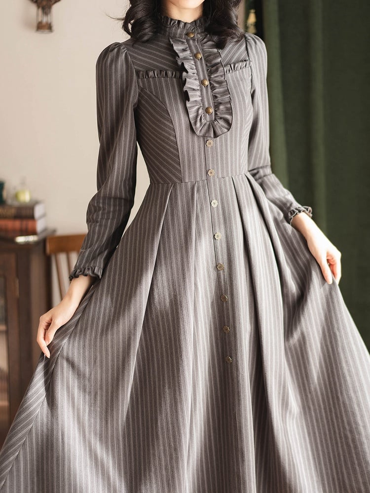 Ruffle Details and with Lacing Gray Back Side Striped Vintage Zipper Dress