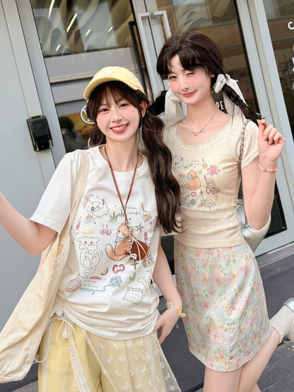 バージョンTシャツ ベージュ 愛らしいキツネプリント ロング/ショート