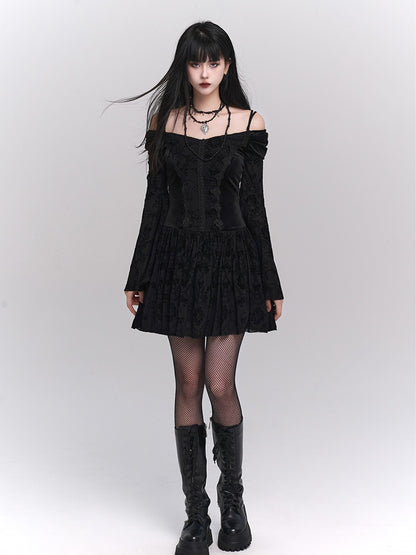 Black Velvet Off-Shoulder Bell-Sleeve Dress with Lace Trim - Lady Ghost