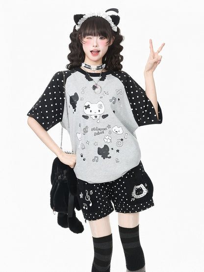 Grey Crew Neck Short Sleeve T-shirt with Kitten & Polka Dot - Languid Park