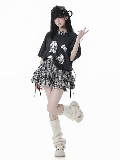 ブラック/チェック柄 ゴムウエスト ティアードスカート 裏地付き ブルマー