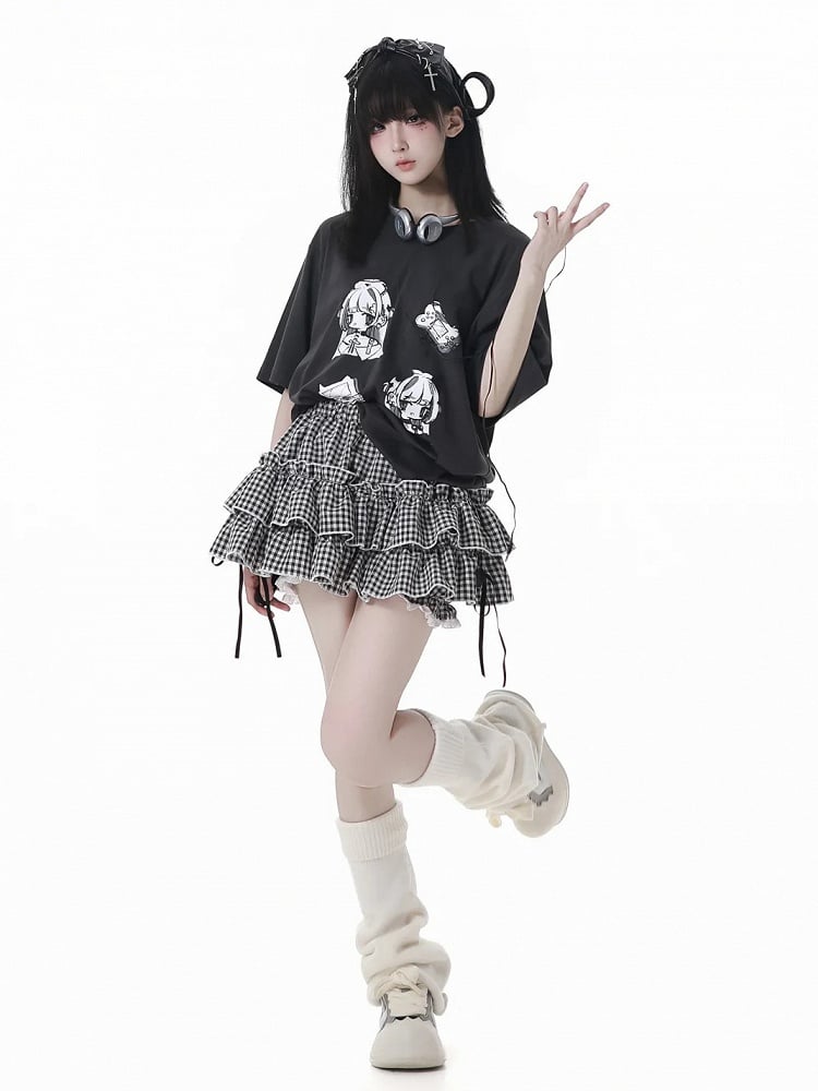 アニメガールプリント ホワイト/ダークTシャツ グレー ラウンドネック コットン