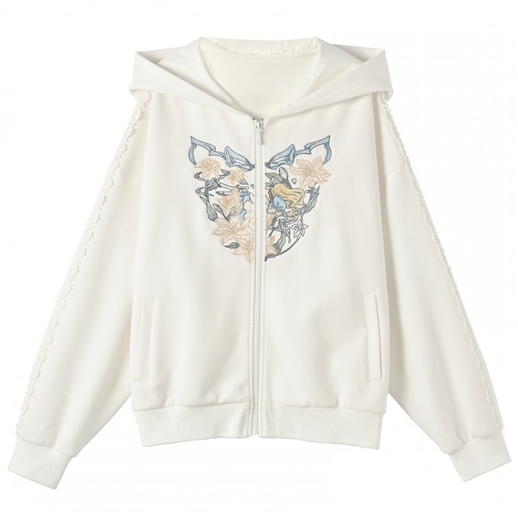 Blue/White Alice in Wonderland Embroidered Zip Closure Hoodie