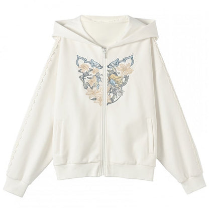 Blue/White Alice in Wonderland Embroidered Zip Closure Hoodie