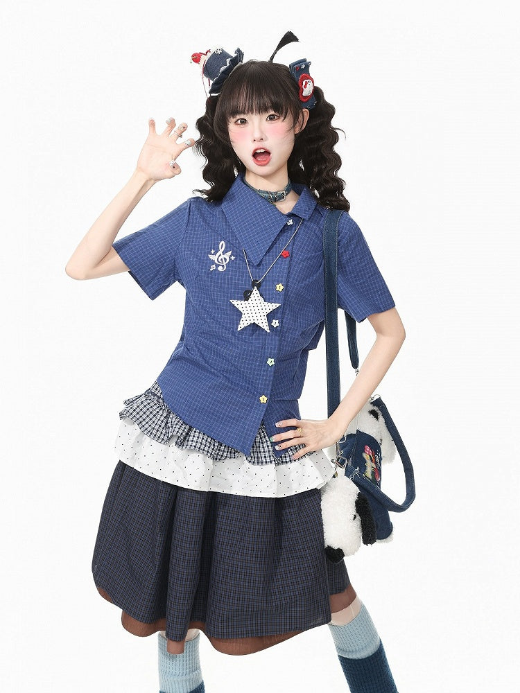Dark Blue Asymmetric Shirt with Star Necklace - Languid Park