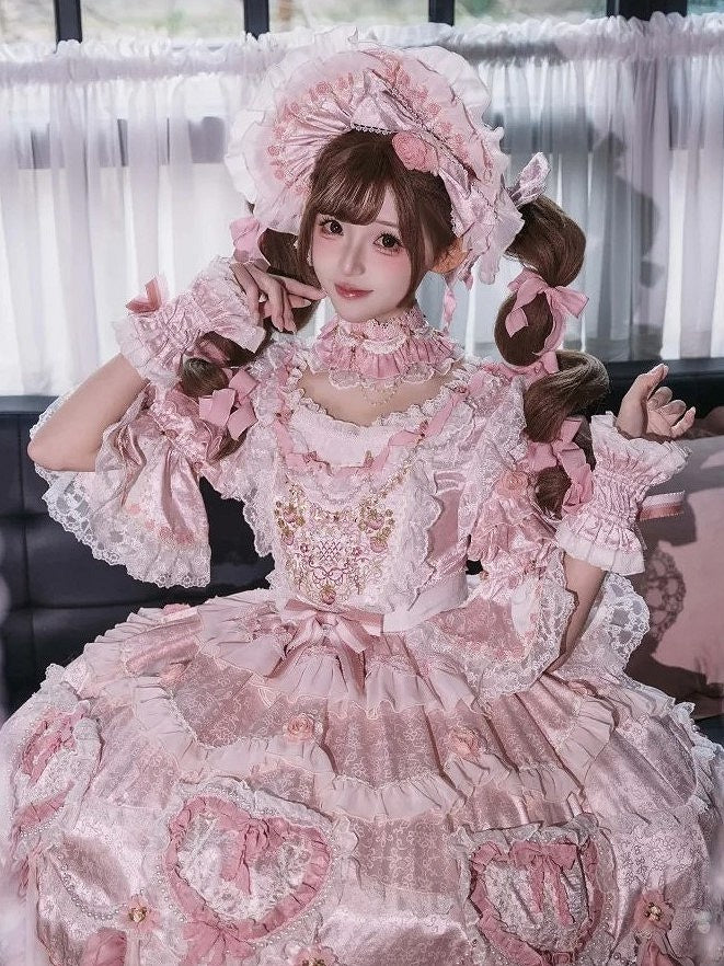 Pink Bow Lolita Wrist Light Lace-Trimmed Pink/Rose with and Cuffs Flower Accents